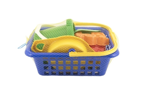 Mand set - 2 zandvormpjes schepje harkje zeefje emmer winkelmandje plastic 12m+