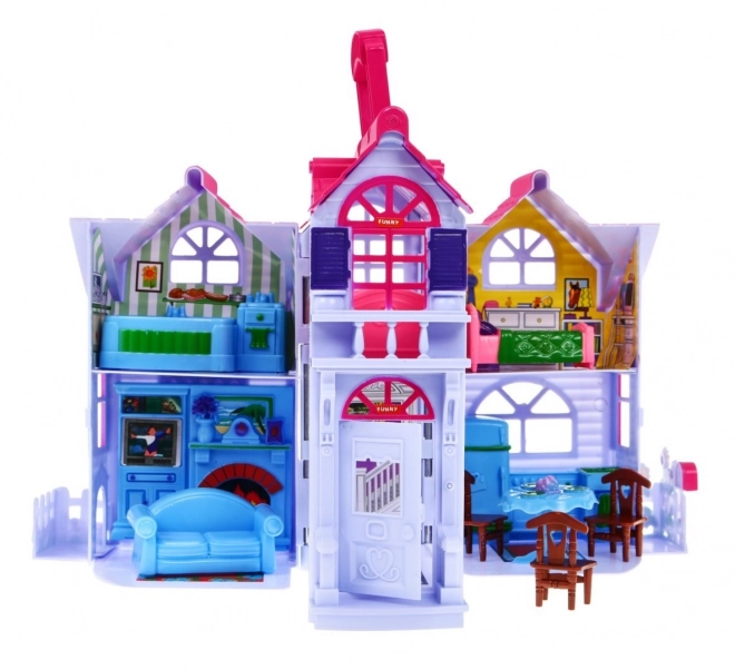 Uitklapbaar kinderspeelhuisje 3+ Paars + familiefiguren + hond + meubels + 2 verdiepingen