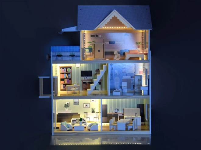 Houten poppenhuis met zwembad en LED-verlichting