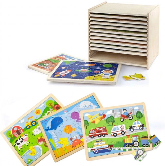 Houten puzzels Viga – set van 12 framepuzzels met 24 stukjes op een standaard