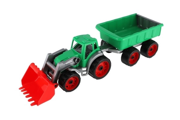 Tractor/lader/graafmachine met aanhanger met liggende plastic voor vrije beweging 2 kleuren in net 16x61x16cm