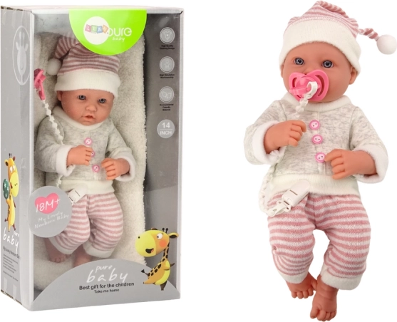 Babypop met trui, muts en fopspeen Roze