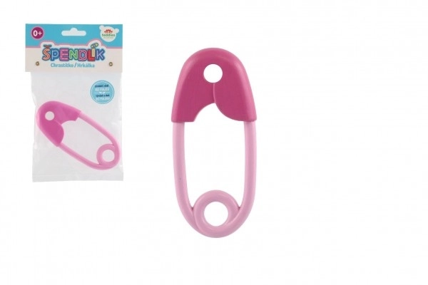Rammelaar veiligheidsspeld plastic 12cm roze 12x19cm in zak 0+
