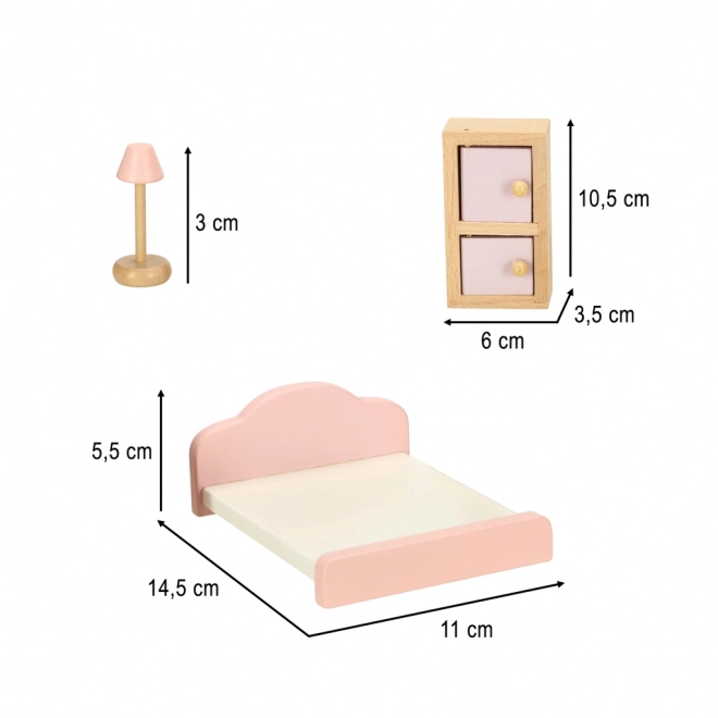 Houten meubeltjes voor poppenhuis - woonkamer, slaapkamer, badkamer, keuken roze