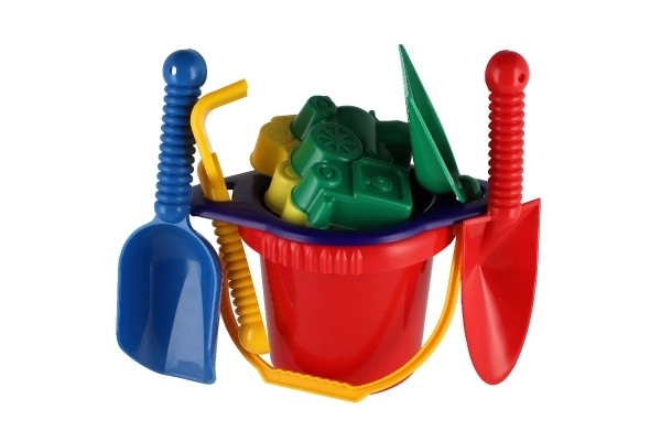 Emmer met zeef, schep, handelsschep en harkjes van plastic in netje 20x28x12cm 12m+