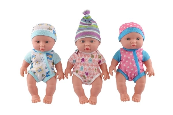 Baby/pop hard lichaam plastic 25 cm op batterijen met geluid 3 soorten in plastic tasje 13x28x7cm