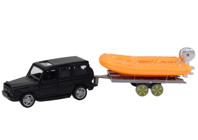 Terreinwagen zwart met aanhanger Boot Oranje