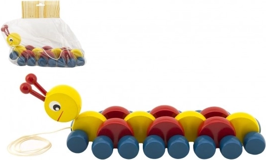 Kleurige houten trek-rups 27 cm