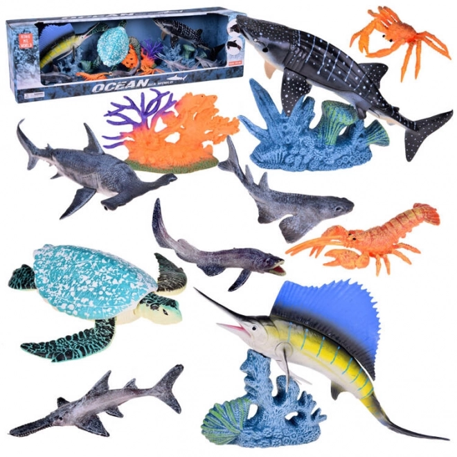 Set van zeediertjes - schildpad, kreeft, zaagvis, krab en meer