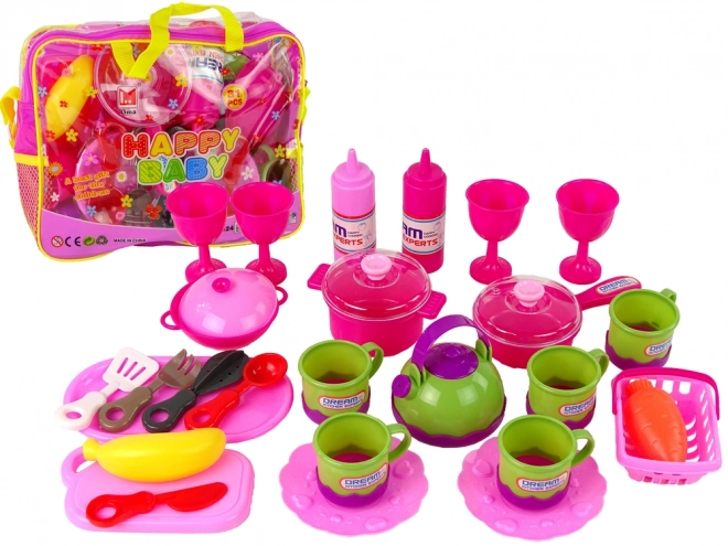 Roze servies set in een tas, 31 stukken