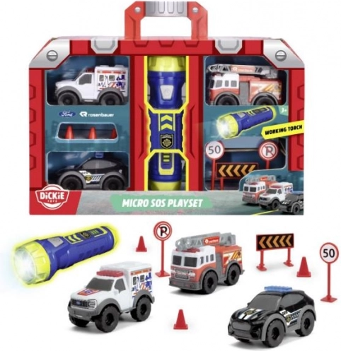 SOS microset met zaklamp – mini brandweer, politie en ambulance