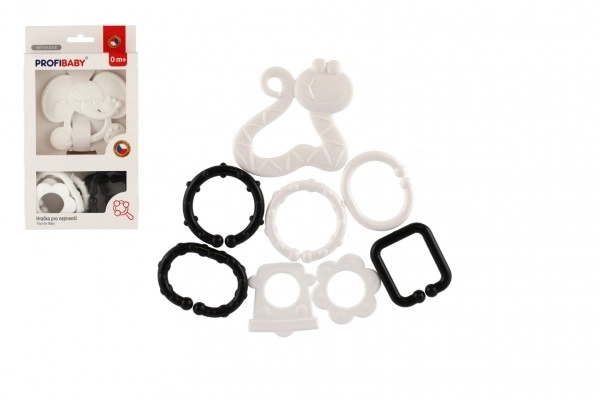 Bijtspeeltje dier + hangers plastic zwart-wit 3 soorten in doosje 13x23x3cm 0m+