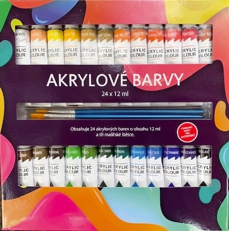 Acrylverf 24x12ml met 3 penselen ook voor keramiek, glas, stenen in doosje 22x22x2cm