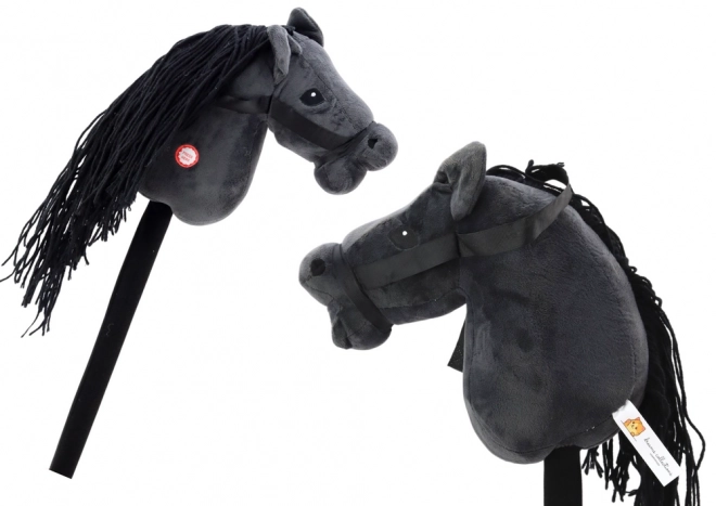 Pluche paardhoofd op stok Hobby Horse Longhair Zwart Met Geluiden