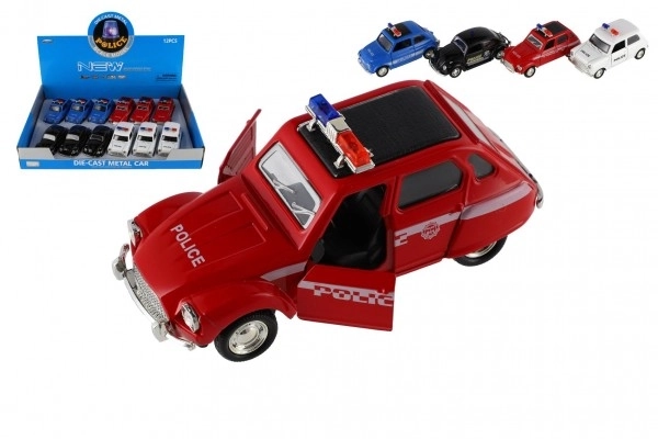Retro politieauto 11cm metaal/plastic, zelfopwindend met licht op batterijen, 4 soorten