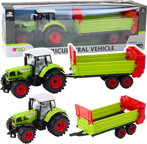 Tractor met aanhanger met vliegwielaandrijving, motorkap en deuren kunnen open, groen