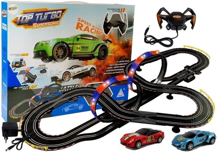 Racebaan 1:43 met 2 autootjes Top Turbo met verlichting, lengte 7,6 m