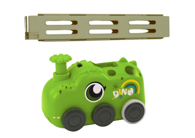 Groene auto DINOSAUR op batterijen stapelende kleurrijke dominostenen