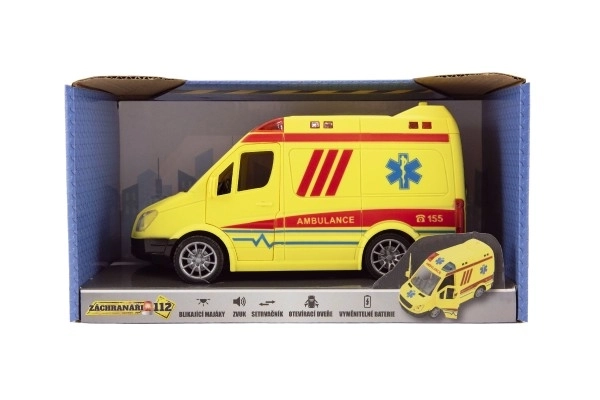 Auto ambulance plastic 20cm op trekveer op batterijen met geluid en licht in doos 26x15x12cm