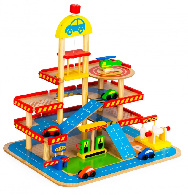 ECOTOYS Houten meerlaagse garage met lift, helihaven en extra accessoires