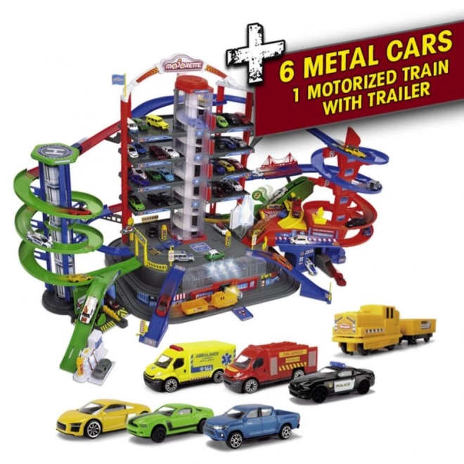 Garage Super Stad + 6 autootjes en trein