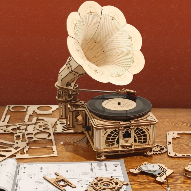 RoboTime 3D houten mechanische puzzel Grammofoon (handmatige aandrijving)