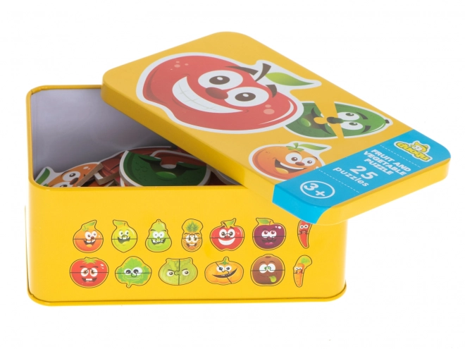Puzzel met fruit- en groentemotieven in een blikken doosje