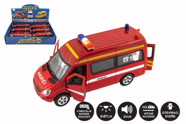 Brandweerauto metaal/kunststof 15 cm met licht en geluid, terugtrekmechanisme