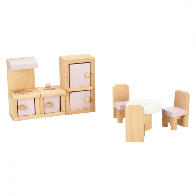 Houten meubeltjes voor poppenhuis - woonkamer, slaapkamer, badkamer, keuken roze