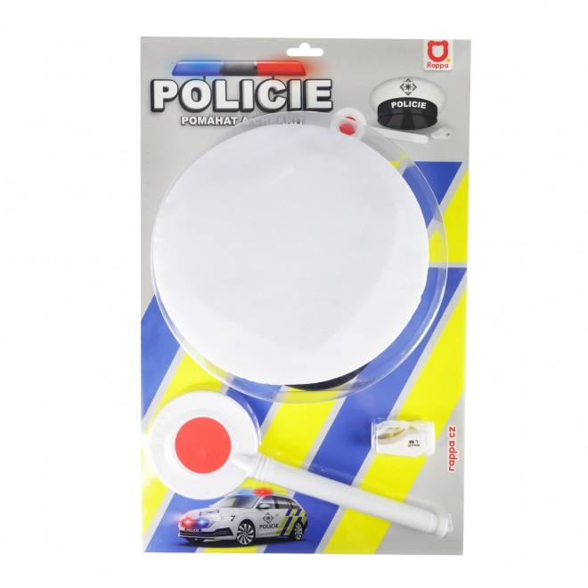 Politieset stof/plastic pet, stopbord, fluitje op kaart 30x48x8cm