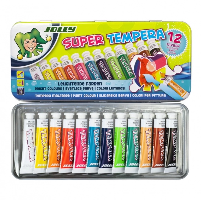 Tempera verf 12 kleuren in metalen doos