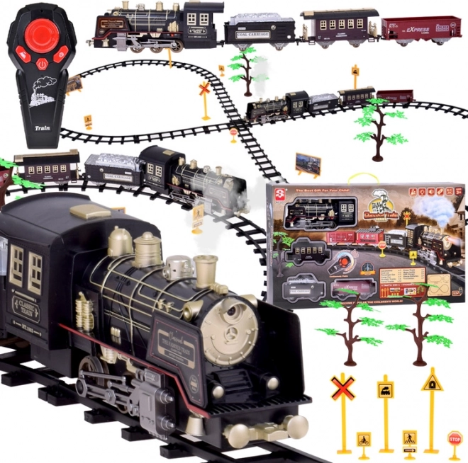 Grote retro trein met locomotief op afstandsbediening met licht en stoom