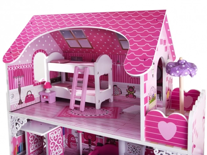 Grote houten poppenhuis met glijbaan en LED-verlichting