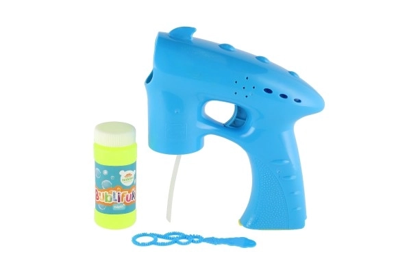 Bellenblaaspistool blauw plastic 13cm + vulling op batterijen op kaart