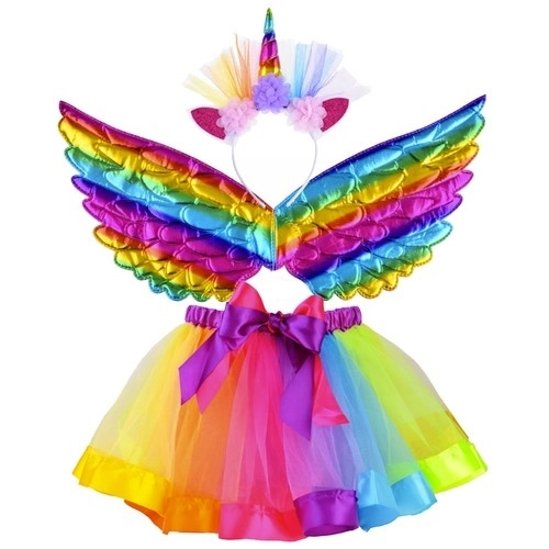 Eenhoorn kostuum met een regenboogrok en vleugels