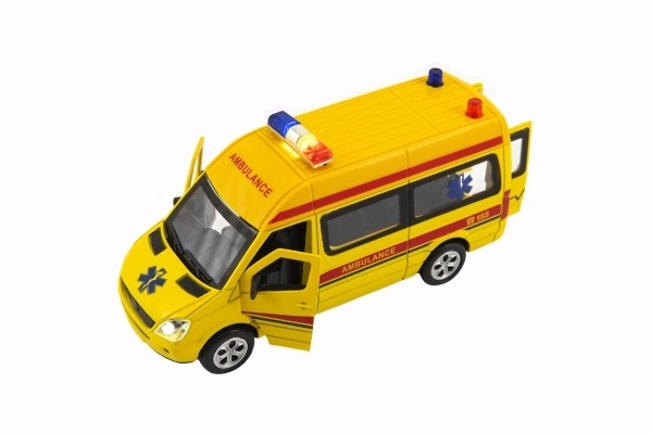 Auto ambulance metaal/plastic 15cm op batterijen met licht en geluid op wrijving 6 stuks in doos