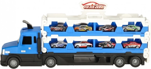 Opvouwbare vrachtwagen – autotransporter met racebaan, 10 autootjes, blauw