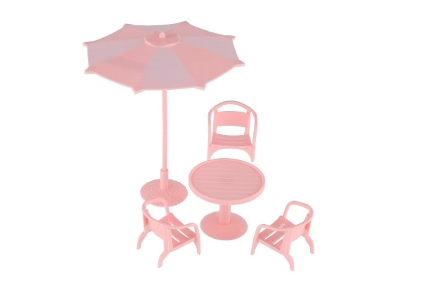 Meubels voor poppen/tafel en stoelen met parasol kunststof 3 kleuren op kaart 18x25x5cm