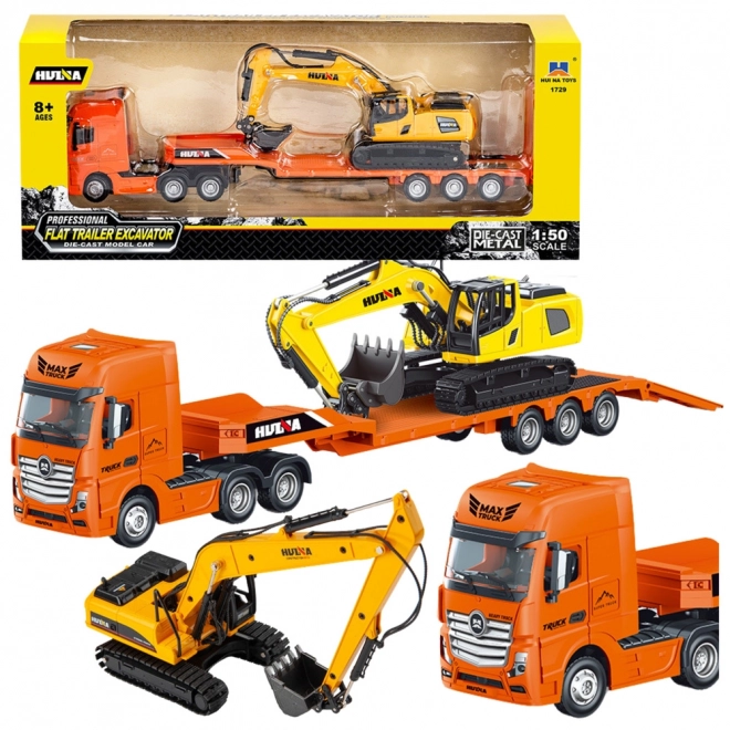 Model vrachtwagen met trailer en graafmachine Huina 1:50