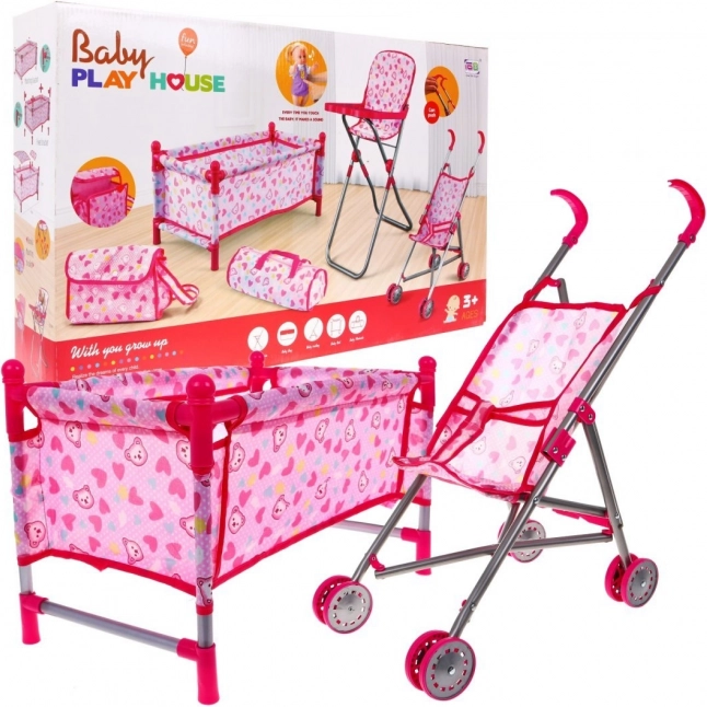 Accessoireset voor poppen voor kinderen 3+ Babyverzorging met kinderwagen, kinderstoel, bedje en 2 tassen