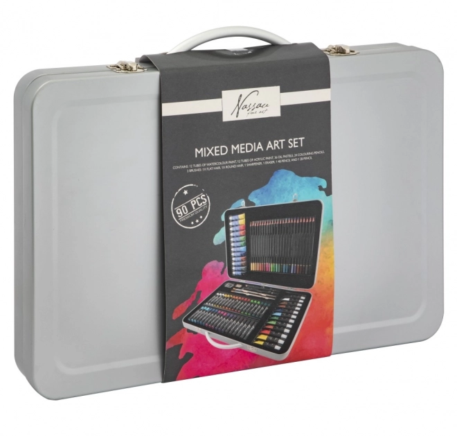 Set met kunstbenodigdheden in een metalen koffertje