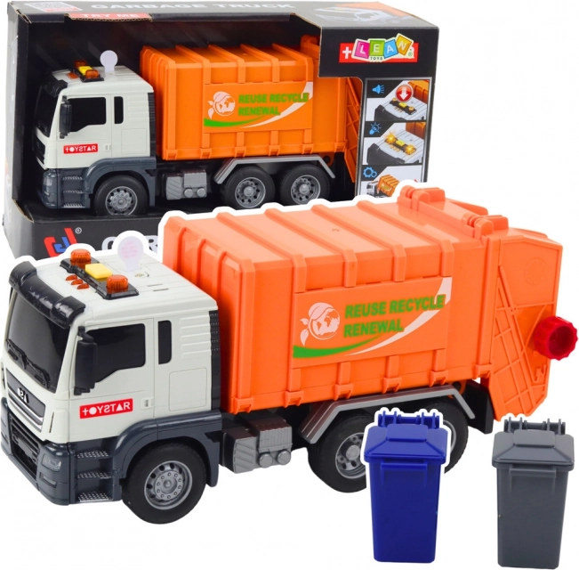 Vuilniswagen met licht en geluid, oranje, 1:14