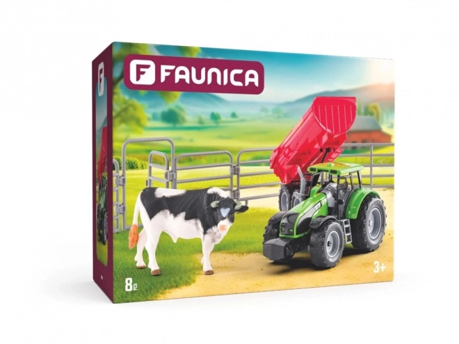 Tractor met aanhanger en stier met tuin