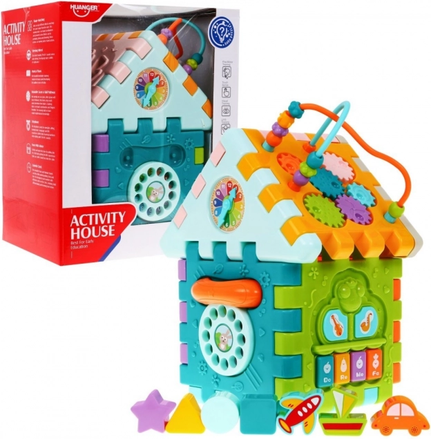 Opvouwbaar sensomotorisch multidak voor kinderen 18m+ met mini-games, 9 puzzels, vormensorteerder, rijgveters en klok
