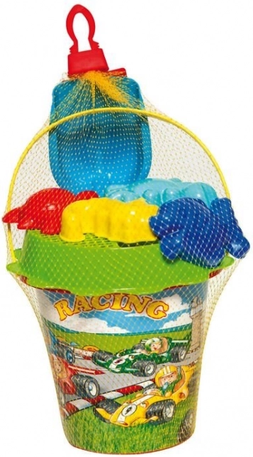 Zandset voor kinderen 7-delig in net (emmer, zeef, schepje, 4 vormpjes)