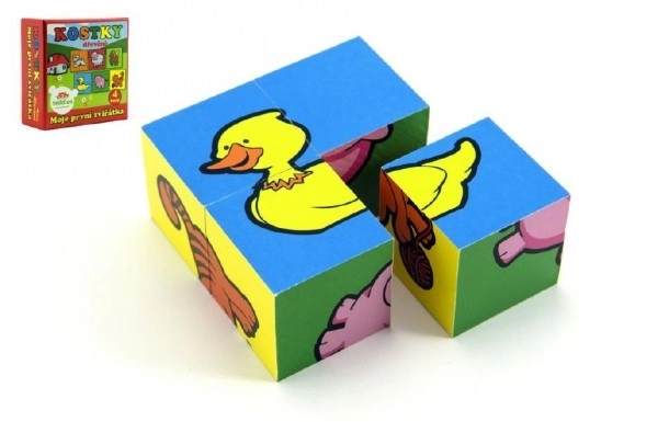 Blokkendozen kubus vierkubus Mijn eerste dieren hout 4st in doosje 8,5x8,5x4cm MPZ