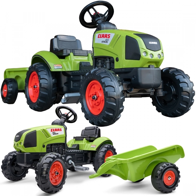 Trappertractor Claas Arion 410 met groene aanhanger