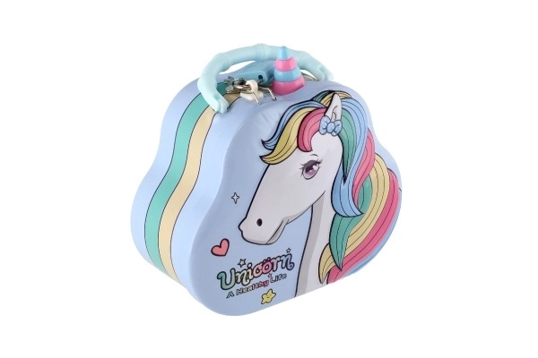 Spaarpot handtasje eenhoorn van blik met slot 15x14cm 3 kleuren in plastic doosje