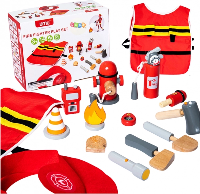 Brandweerset voor kinderen met kostuum en houten accessoires