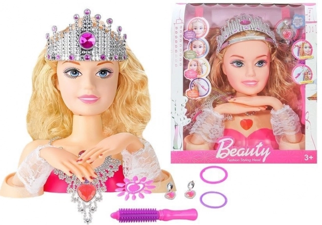 Hoofd van stijlloze pop met kroon + accessoires